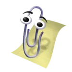 Image d'un trombone stylisé aux yeux globuleux et aux sourcils expressifs, ressemblant à l'assistant virtuel Clippy des anciennes versions de Microsoft Office. Le personnage est positionné devant un bloc notes jaune avec des lignes bleues et roses, prêt à vous aider à orthographier vos ci jointes.