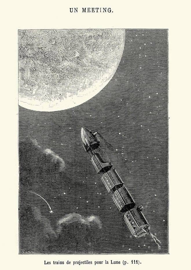 Un dessin d'un vaisseau spatial survolant la lune, inspiré des légendes imaginatives et des images à couper le souffle de Jules Verne.