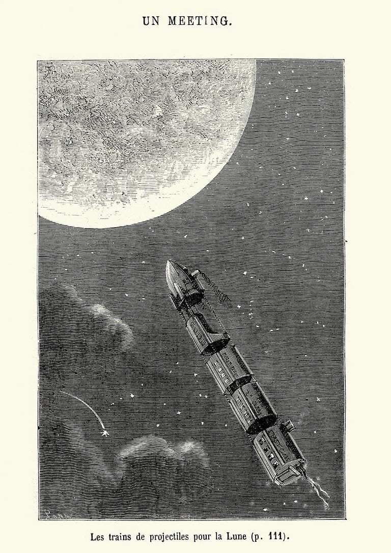 Un dessin d'un vaisseau spatial survolant la lune, inspiré des légendes imaginatives et des images à couper le souffle de Jules Verne.