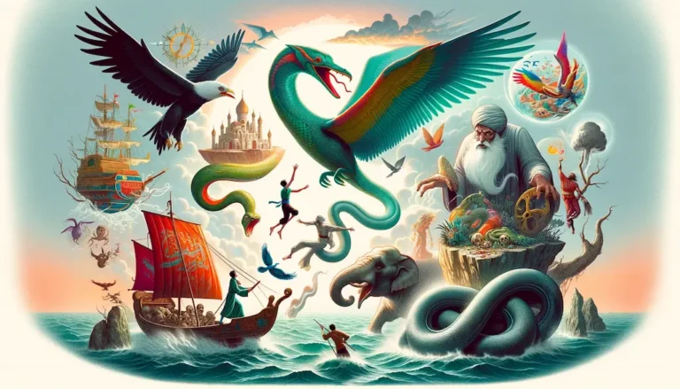 Illustration d'un oiseau survolant un navire lors d'un des 7 voyages à Sindbad le Marin.