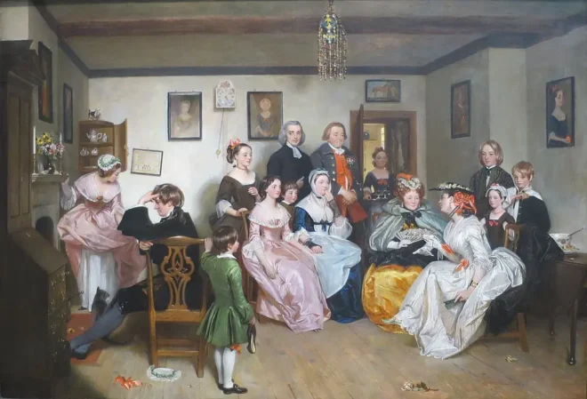 Une peinture de personnages du Vicaire de Wakefield rassemblés dans une pièce.