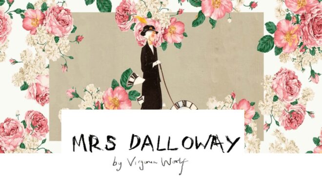 Mme Dalloway, une femme en costume, naviguant dans le temps avec une horloge et des fleurs.