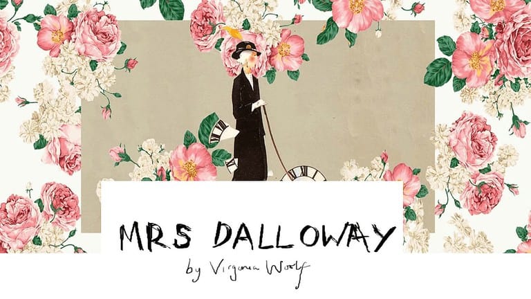 Mme Dalloway, une femme en costume, naviguant dans le temps avec une horloge et des fleurs.