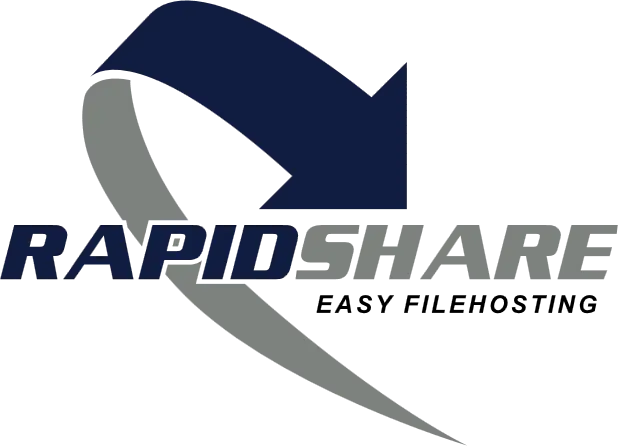 L'image présente le logo RapidShare, un service réputé de partage de fichiers en ligne. Il s'agit d'une flèche bleue courbée vers le bas et vers la gauche, qui croise une forme incurvée grise qui reflète la courbe de la flèche. Le texte « RAPIDSHARE » est positionné en diagonale, avec « RAPID » en bleu et « SHARE » en gris.