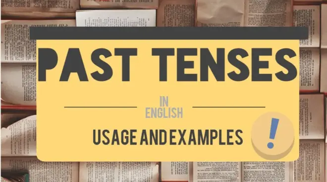 Un graphique avec une vue aérienne de livres ouverts formant un arrière plan. Au premier plan, un rectangle jaune affiche le texte : « PASSÉ » en grandes lettres, « EN ANGLAIS » en dessous en texte plus petit et « USAGE ET EXEMPLES » en gras. Un point d'exclamation à l'intérieur d'un cercle se trouve en bas à droite, parfait pour ceux qui souhaitent maîtriser le passé en anglais