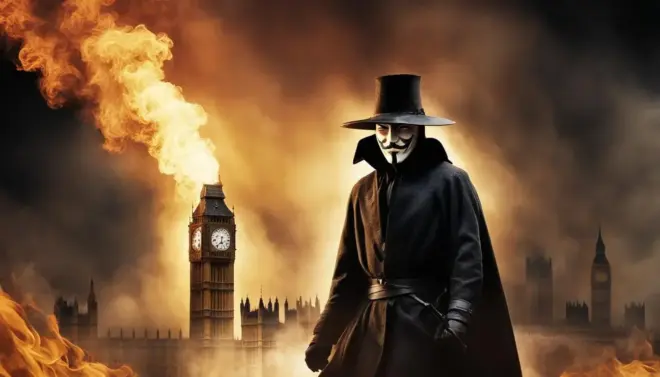 Une mystérieuse silhouette portant un masque de Guy Fawkes et une cape sombre se tient devant un arrière plan menaçant et enflammé. L'emblématique tour de l'horloge, Big Ben, est partiellement masquée par les flammes et la fumée, créant une scène dramatique rappelant le 5 novembre et la Conspiration des Poudres, évoquant la rébellion et l'anonymat.