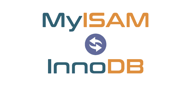 Graphique textuel comportant les mots « MyISAM » et « InnoDB » en grandes lettres, de style bleu et orange. Un symbole de flèche circulaire bleu foncé les relie, faisant allusion à une conversion ou une intégration dans les environnements WordPress.