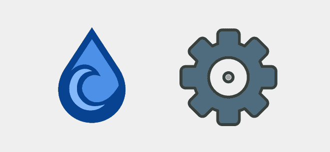 Un logo en forme de goutte bleue avec un motif en spirale à gauche et un logo en forme d'engrenage sombre rappelant les éléments emblématiques de BitTorrent à droite, tous deux sur un fond noir. La goutte présente un dégradé et des bords nets, tandis que l'engrenage présente huit encoches et un petit point vert au centre.